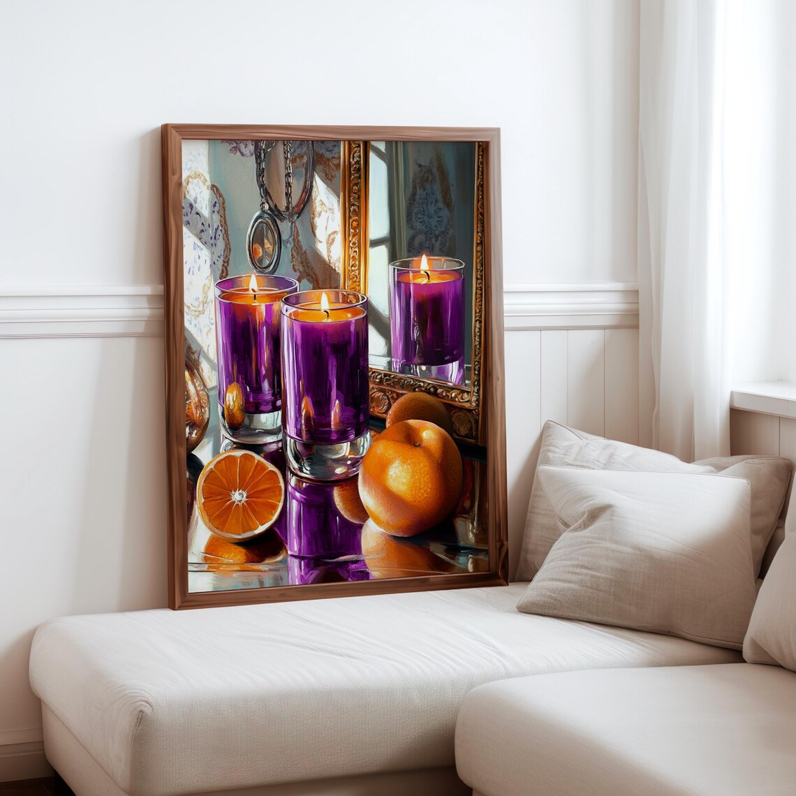 Purple Glass Candles Still Life with Oranges Photorealism Art Print