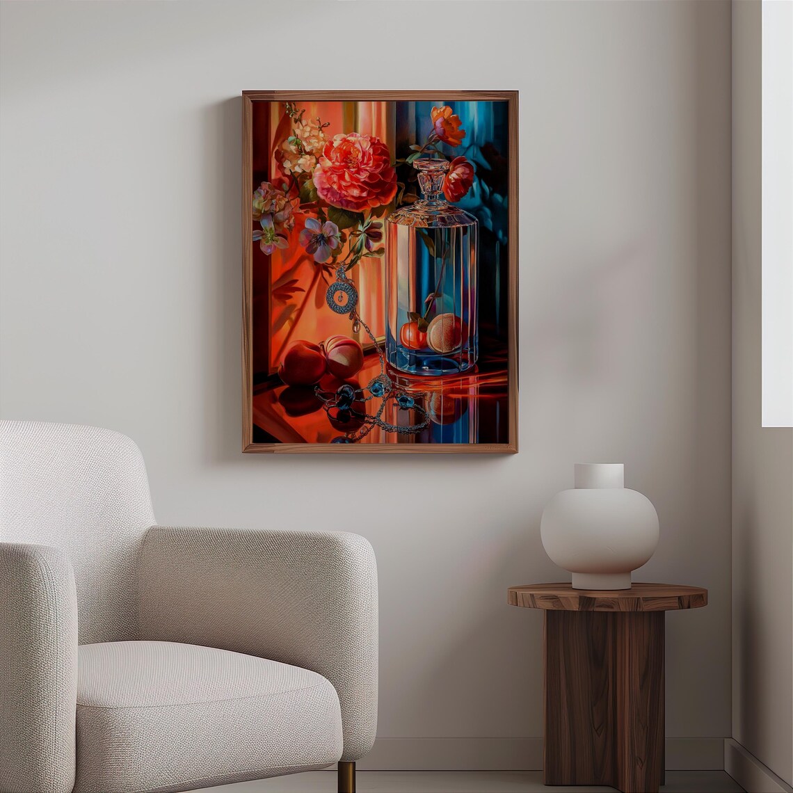 Tall Faceted Glass Decanter Peony Jewels Still Life Art Print - Image 2