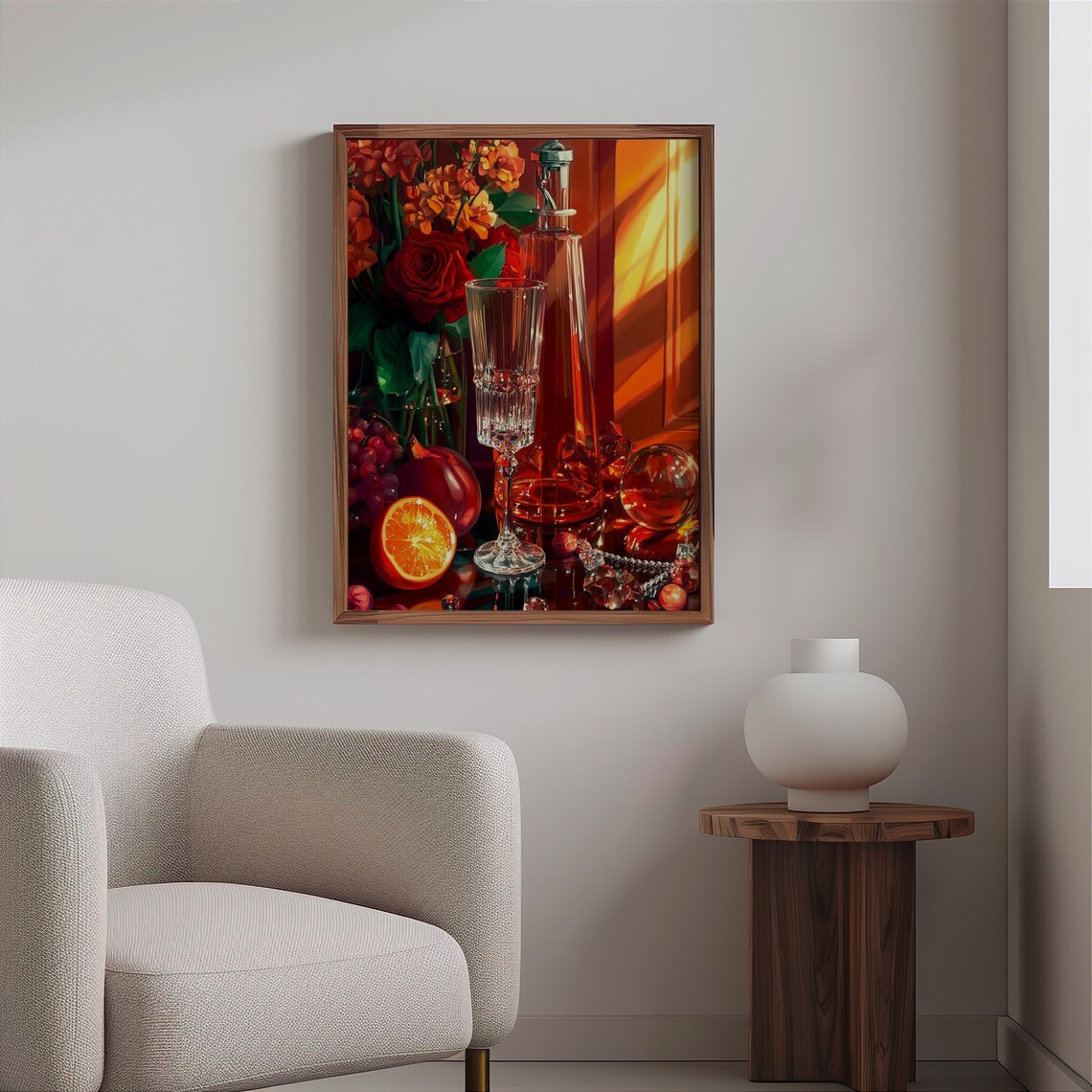 Champagne Flute Decanter Red Rose Orange Glow Still Life Poster - Image 2