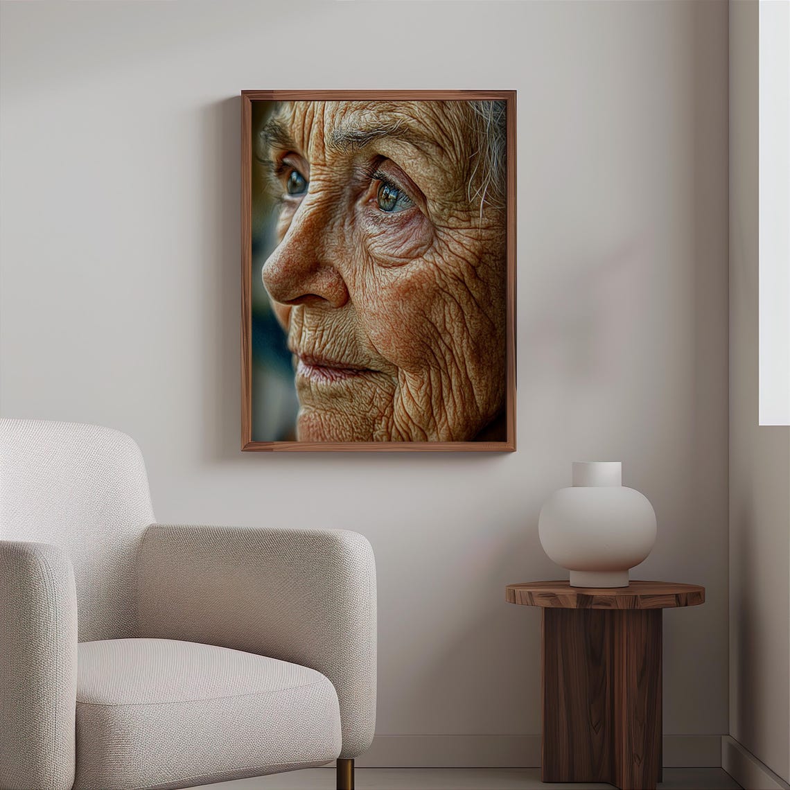 Elderly Woman Side Profile Blue Eyes Deep Wrinkles Portrait Poster - Image 2