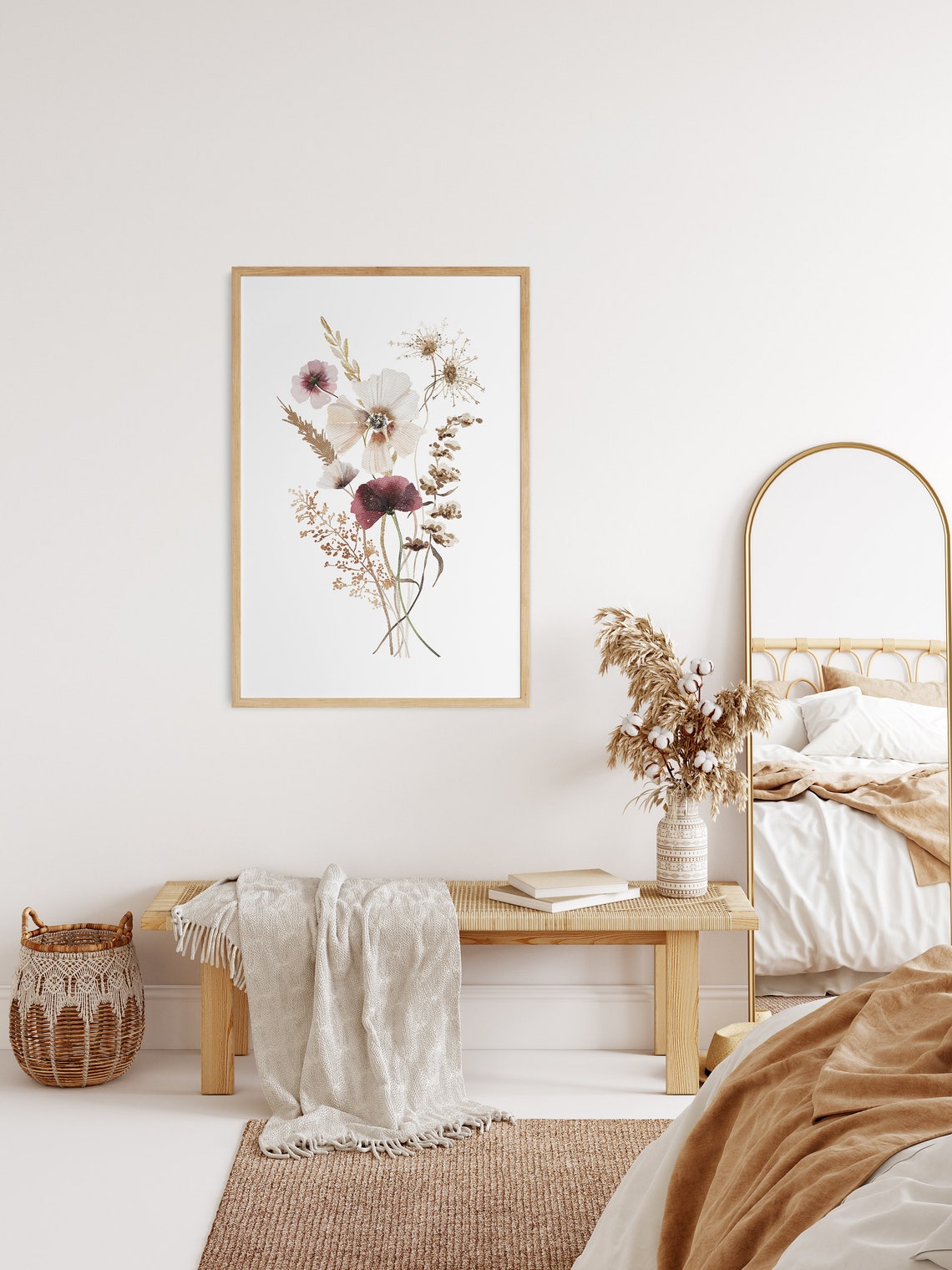 Neutral Wildflower Bouquet Watercolor Burgundy Romantic Boho Poster - Image 2