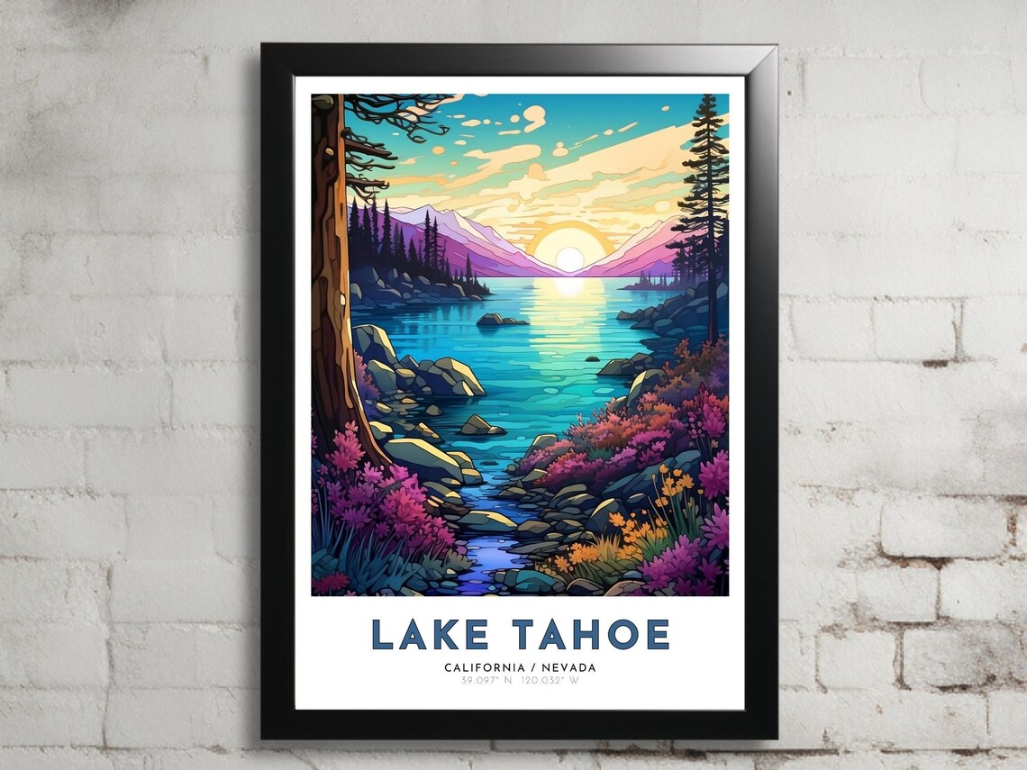 Lake Tahoe California Nevada Sunset Lake Scene Travel Poster