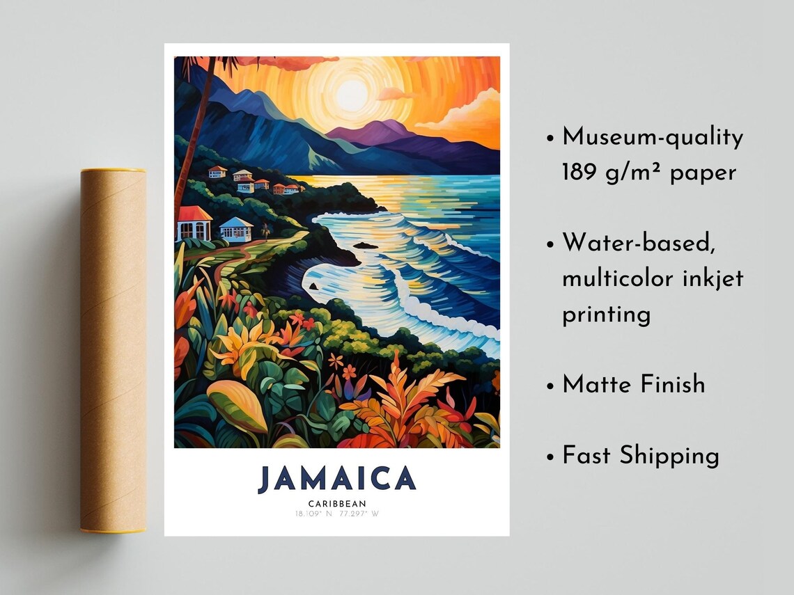 Jamaica Caribbean Sunset Coast Tropical Beach Scene Travel Poster - Image 5