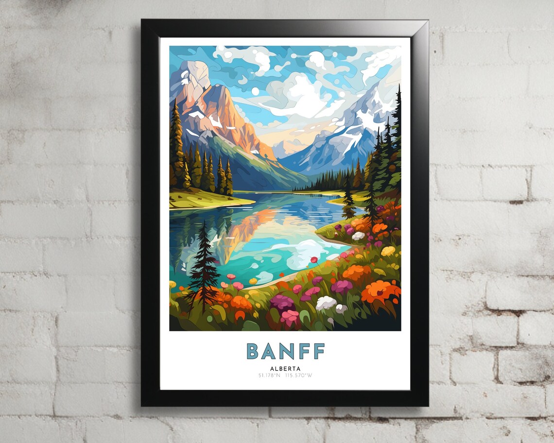 Banff Alberta Mountain Lake Wildflowers Snowy Peaks Travel Poster