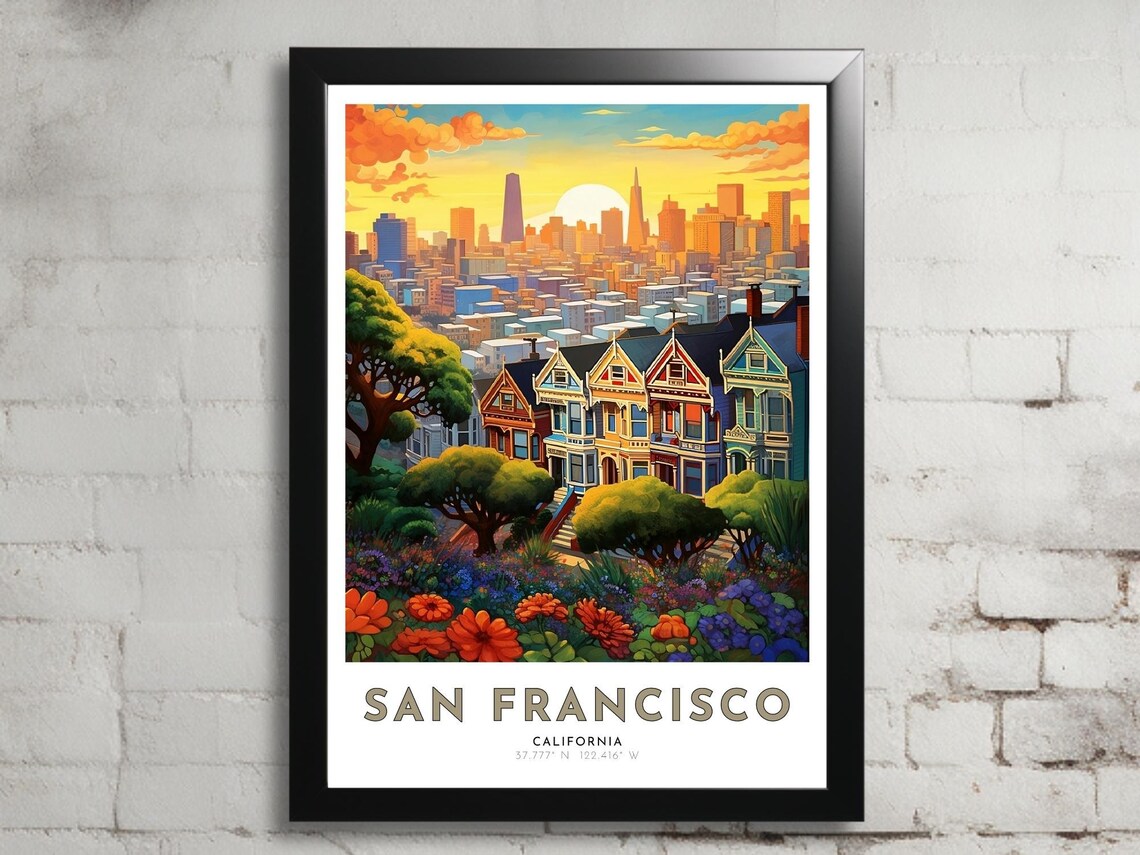 San Francisco California Victorian Houses Skyline Sunset Travel Poster