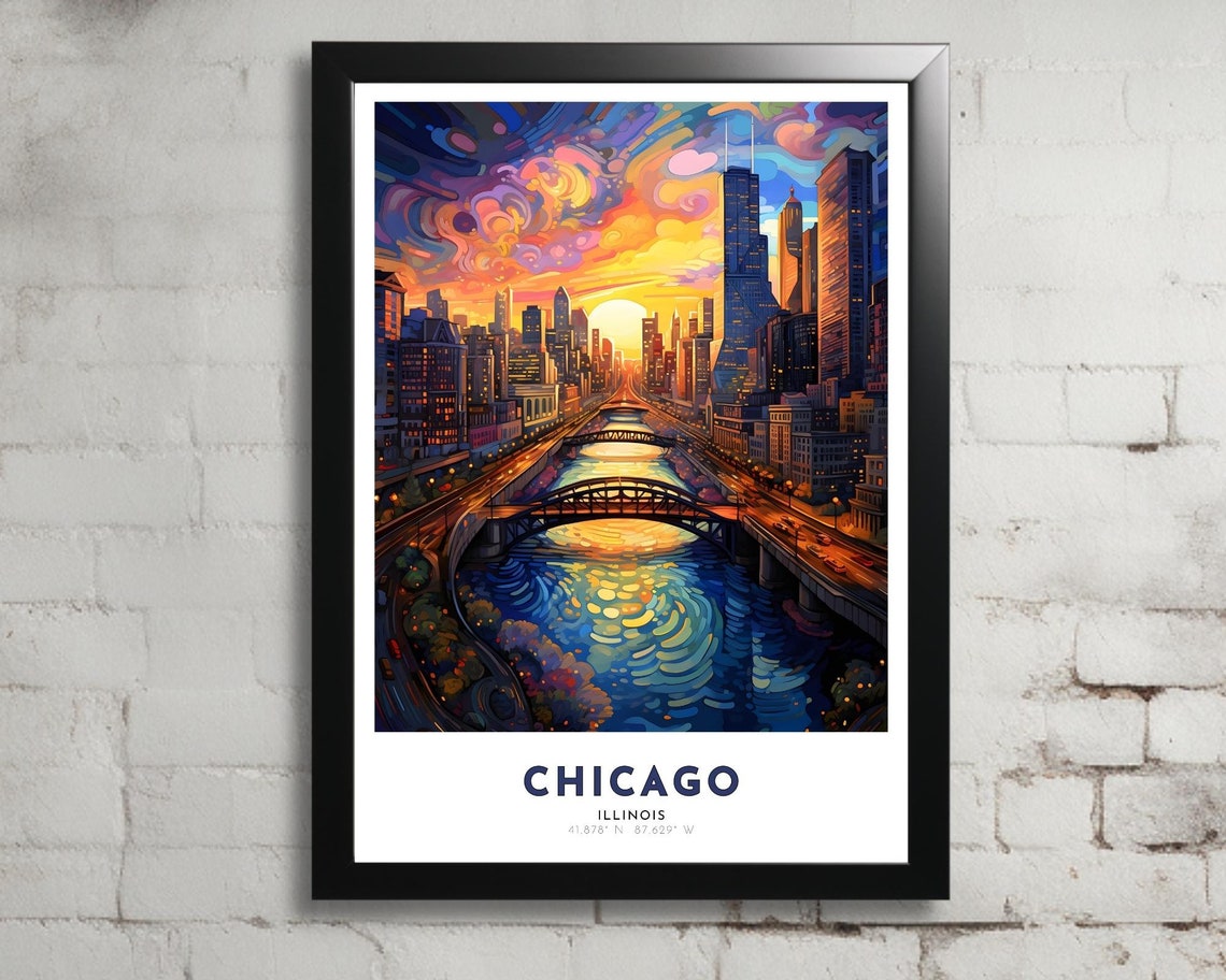Chicago Illinois Sunset River Skyline Impressionist Artwork Poster
