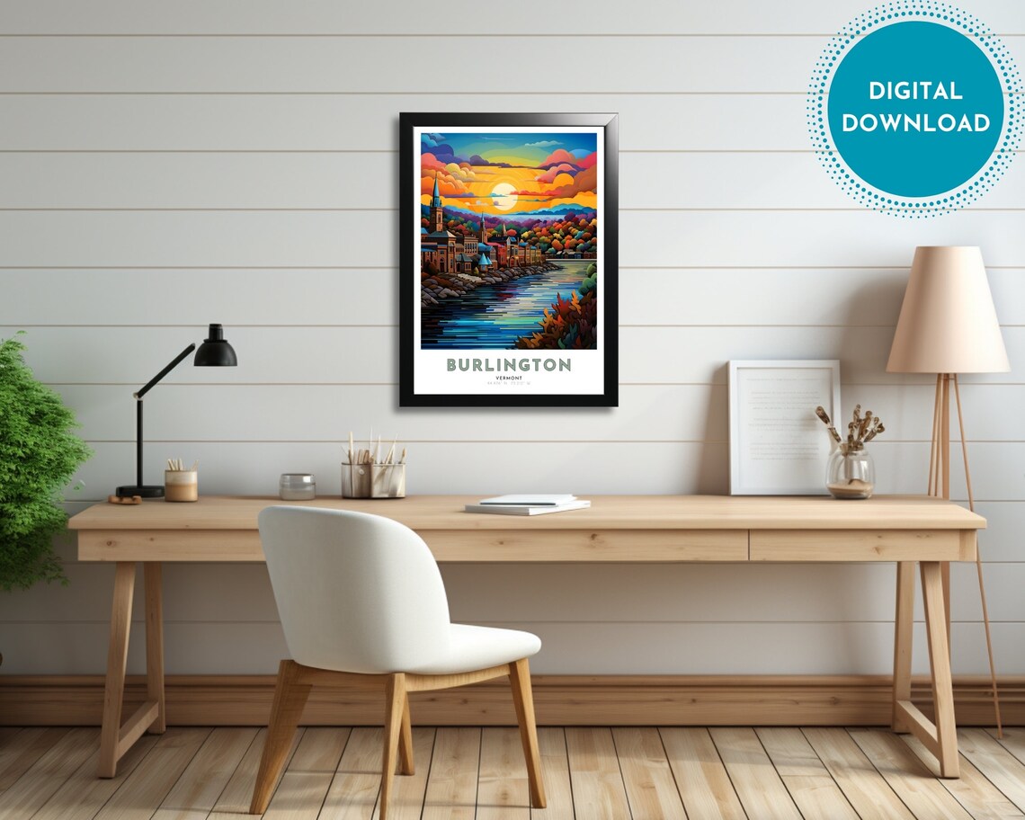 Burlington Vermont Lake Sunset Church Steeple Travel Poster Art - Image 2