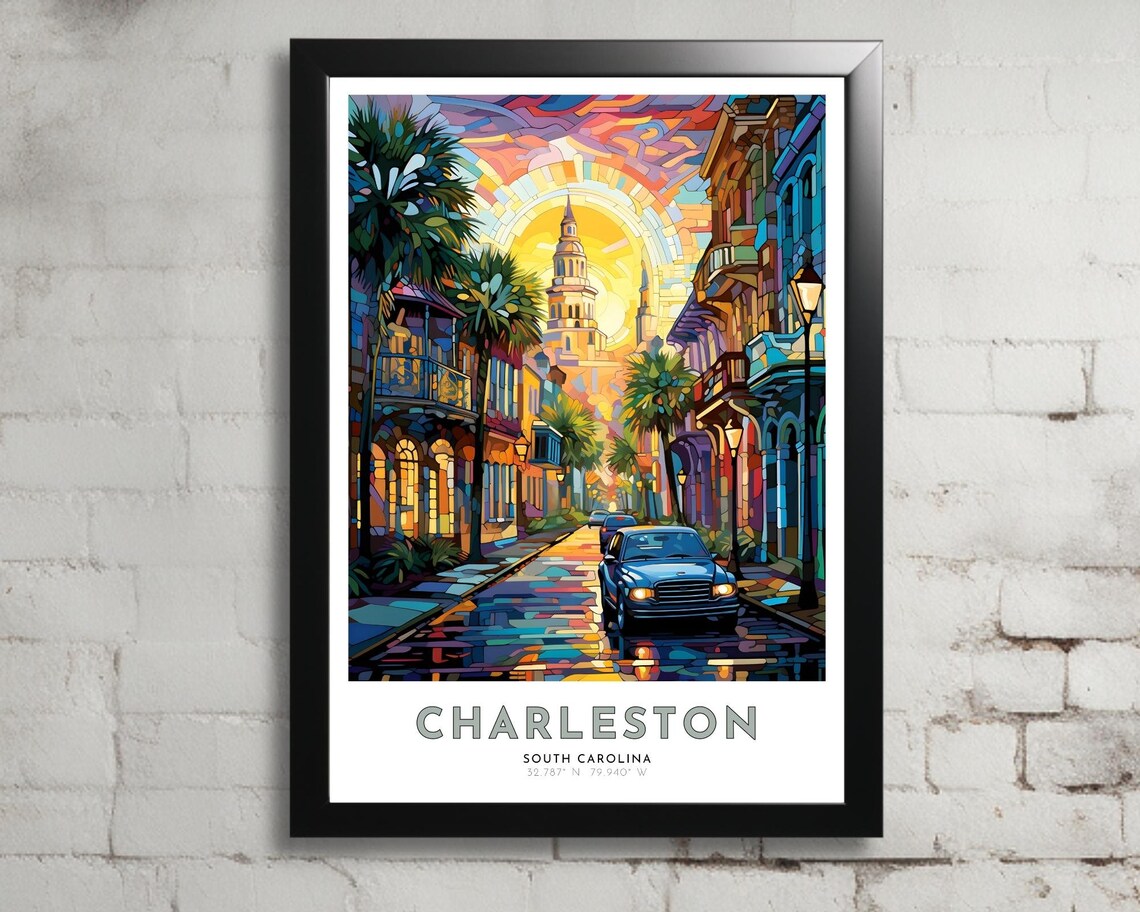 Charleston South Carolina Palm Street Sunset Mosaic Art Poster