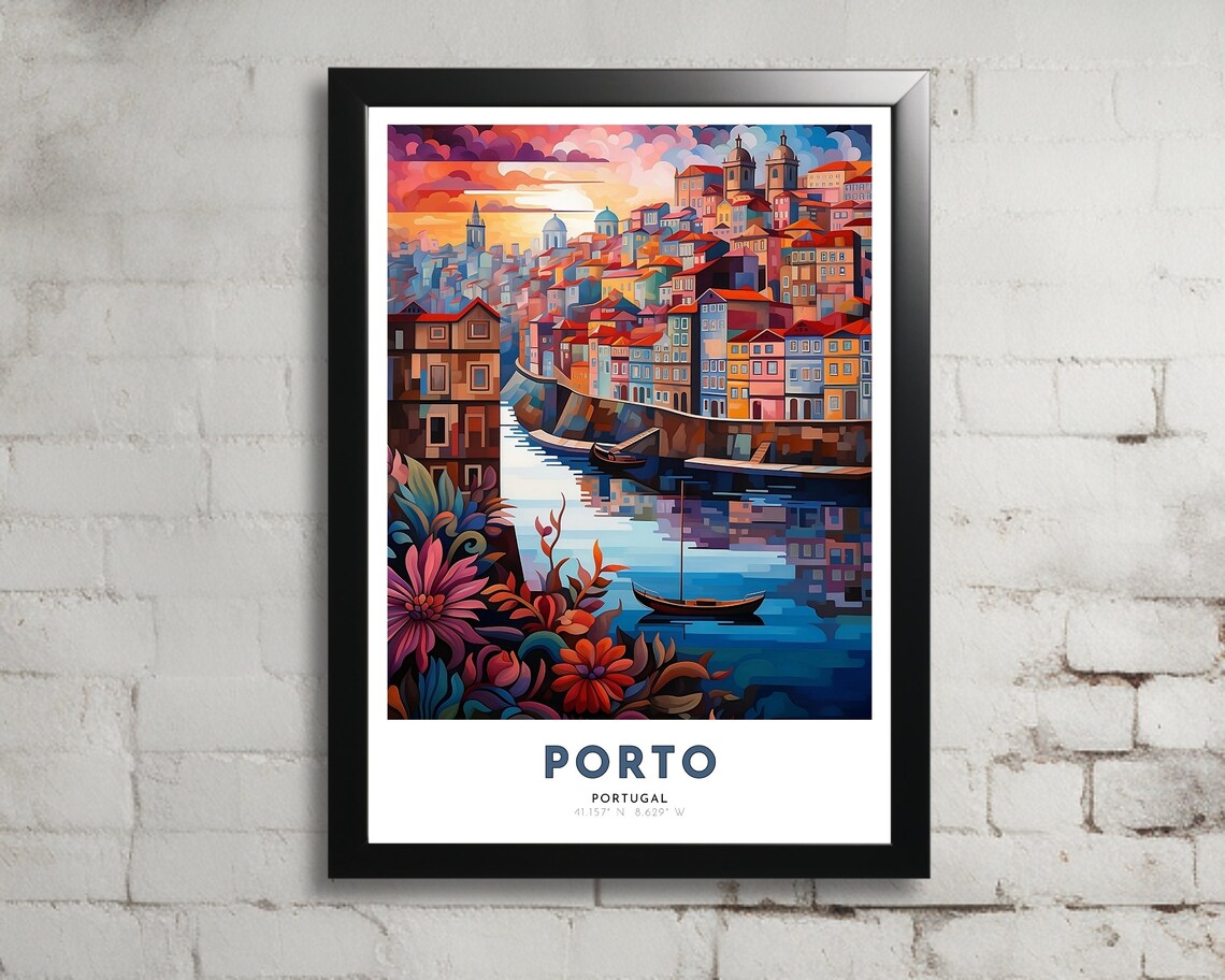 Porto Portugal Riverside Sunset Colorful Old Town Art Poster