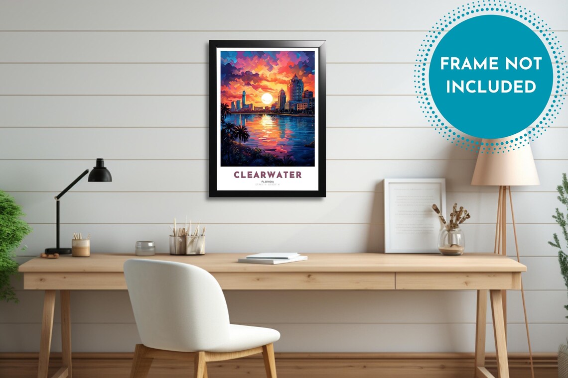 Clearwater Florida Colorful Bay Sunset Skyline Palm Trees Poster - Image 2