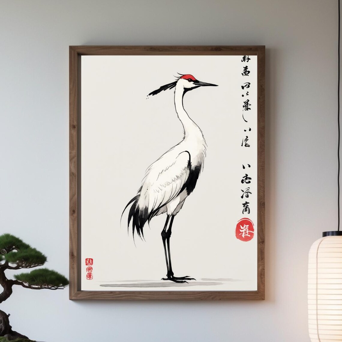 Standing Japanese Crane Ink Painting Elegant Bird Zen Art Poster