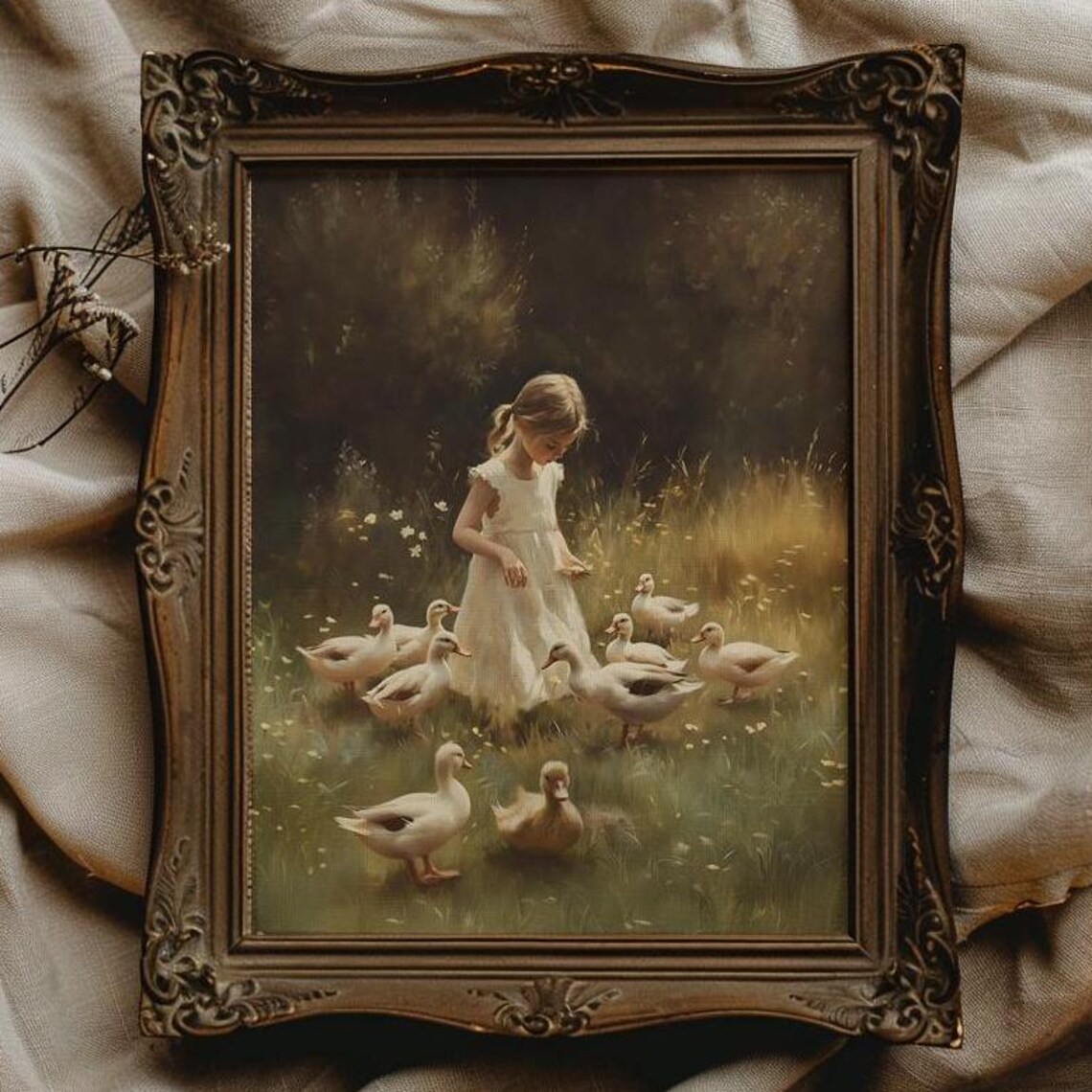 Young Girl Feeding Ducks In Sunny Meadow Vintage Oil Style Poster