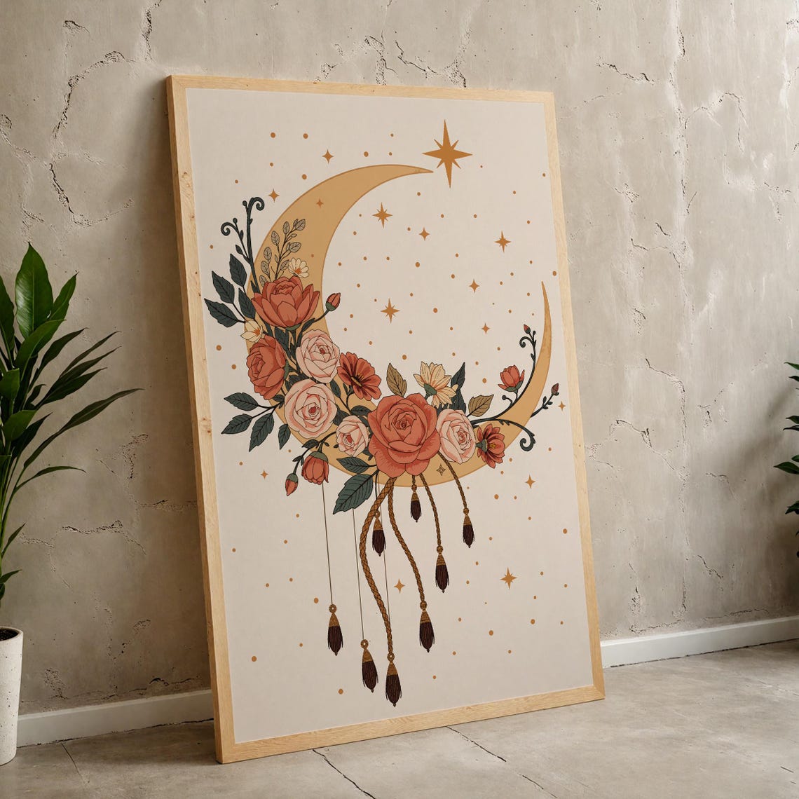Boho Crescent Moon Floral Rose Dreamcatcher Celestial Wall Art