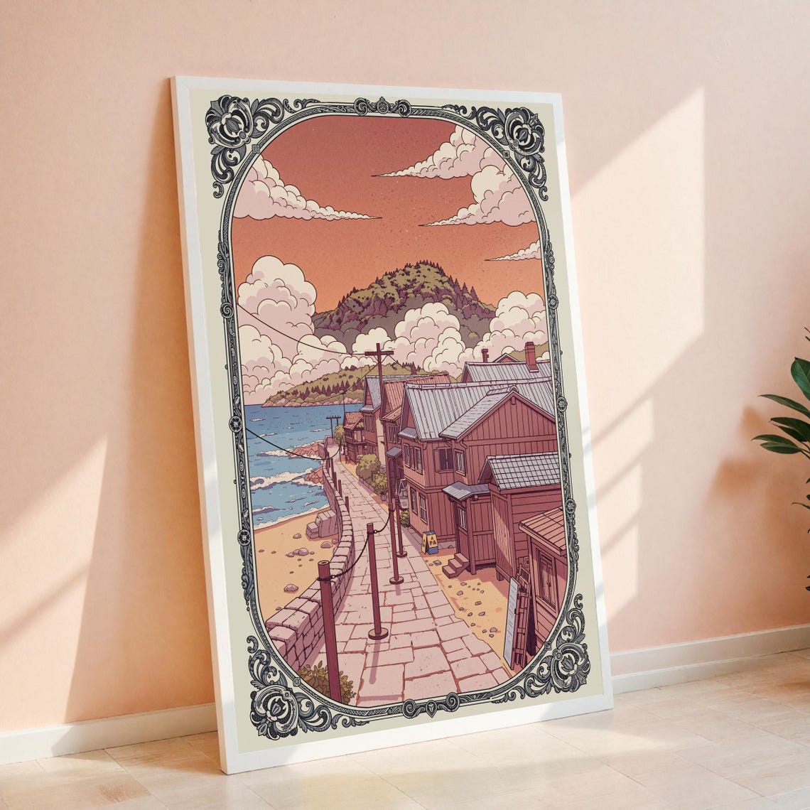 Vintage Japanese Coastal Village Street Seaside Sunset Art Poster
