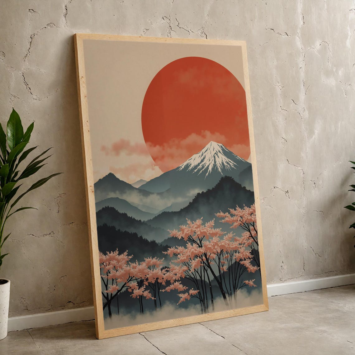 Mount Fuji Red Sun Japanese Art Cherry Blossom Mountain Poster