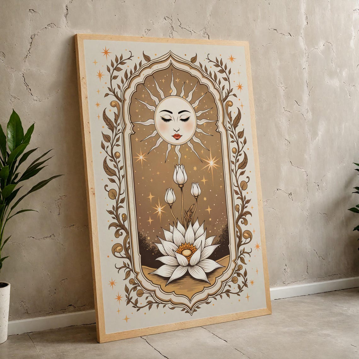 Celestial Sun Face Wall Art for Boho Gold Botanical Lotus Home Decor