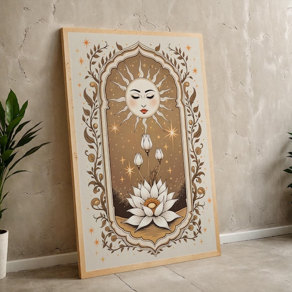 Celestial Sun Face Wall Art for Boho Gold Botanical Lotus Home Decor