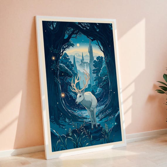 Fantasy Deer Forest Art Print Mystical Night Landscape