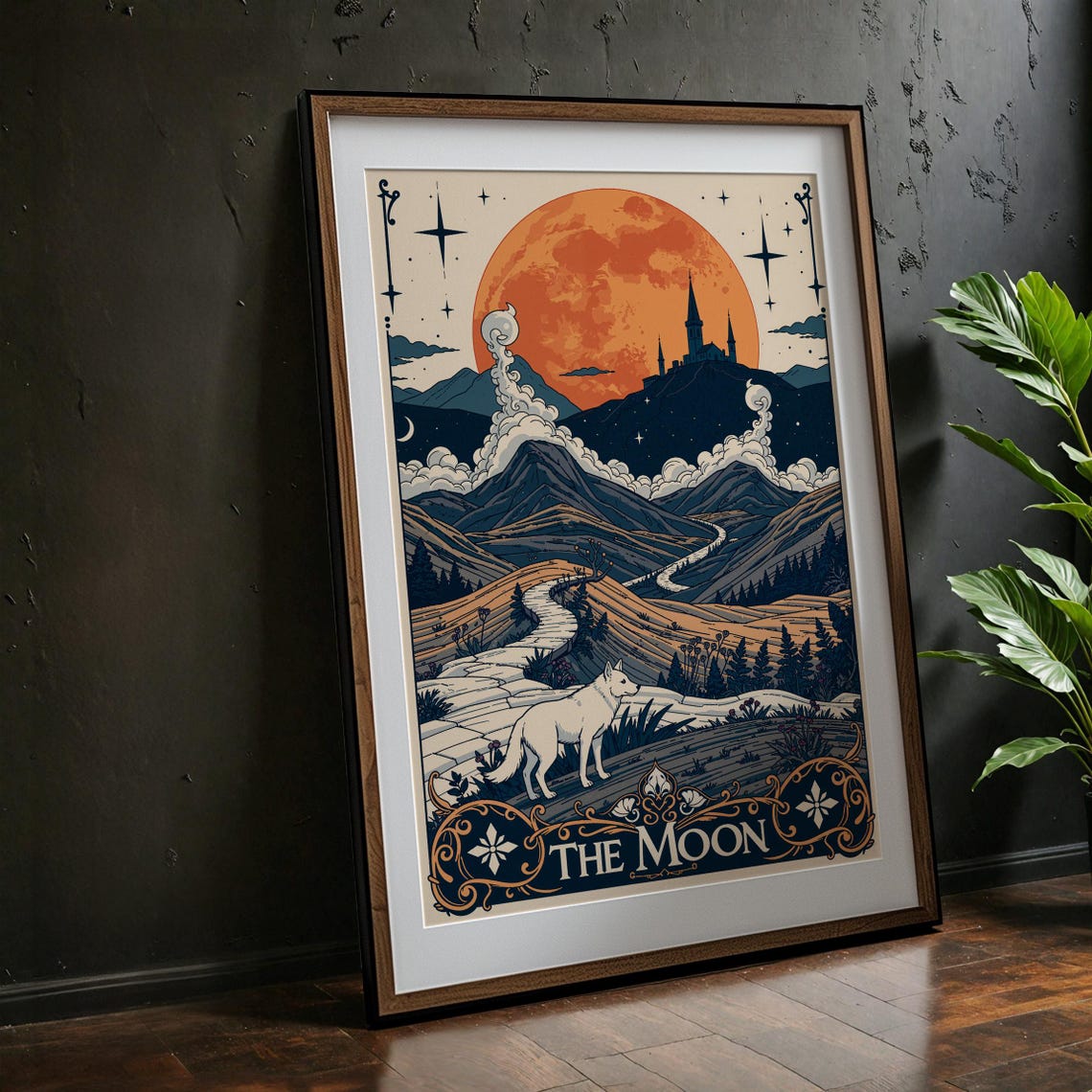 The Moon Tarot Card Art White Wolf Orange Moon Mountain Trail Poster