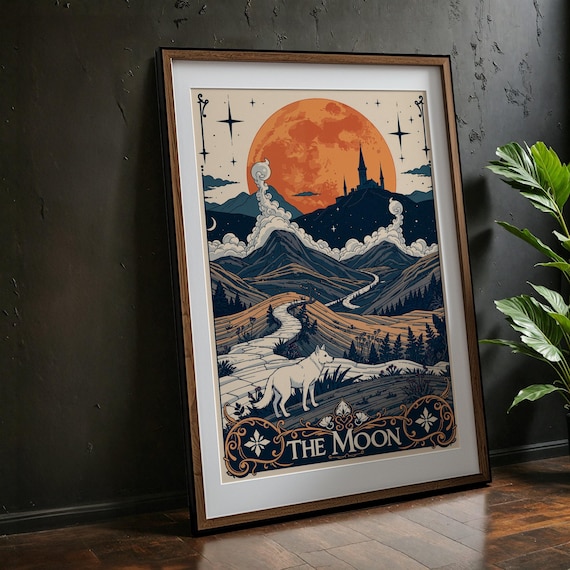 The Moon Tarot Card Art White Wolf Orange Moon Mountain Trail Poster