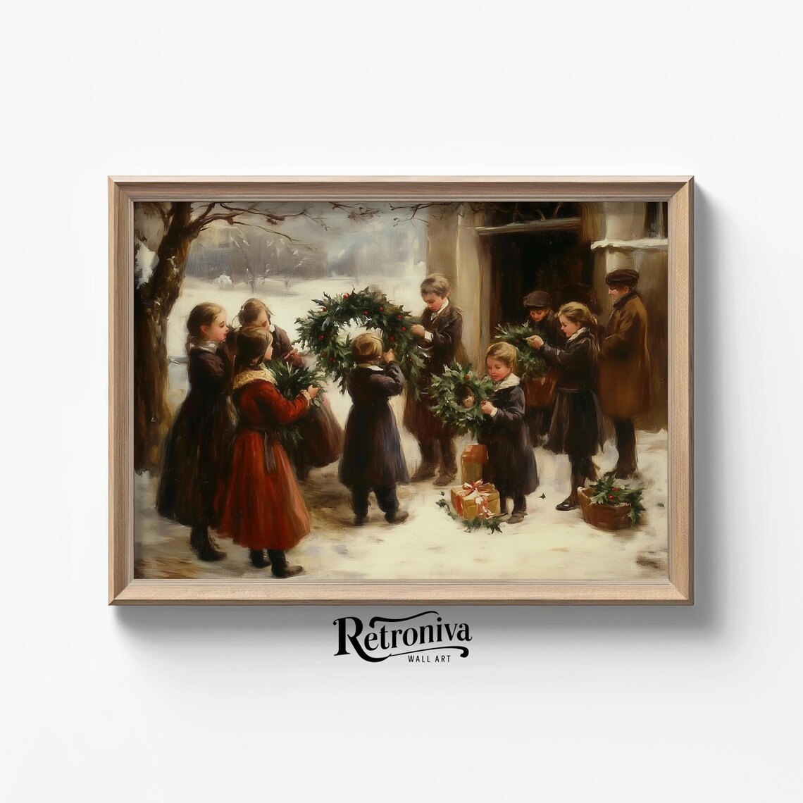 Children with Christmas Wreath on Snowy Day Vintage Holiday Poster