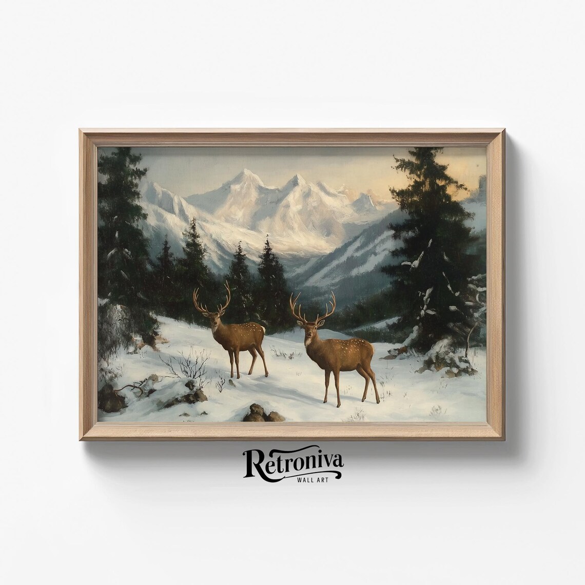 Deer In Snowy Mountain Landscape, Vintage Winter Poster