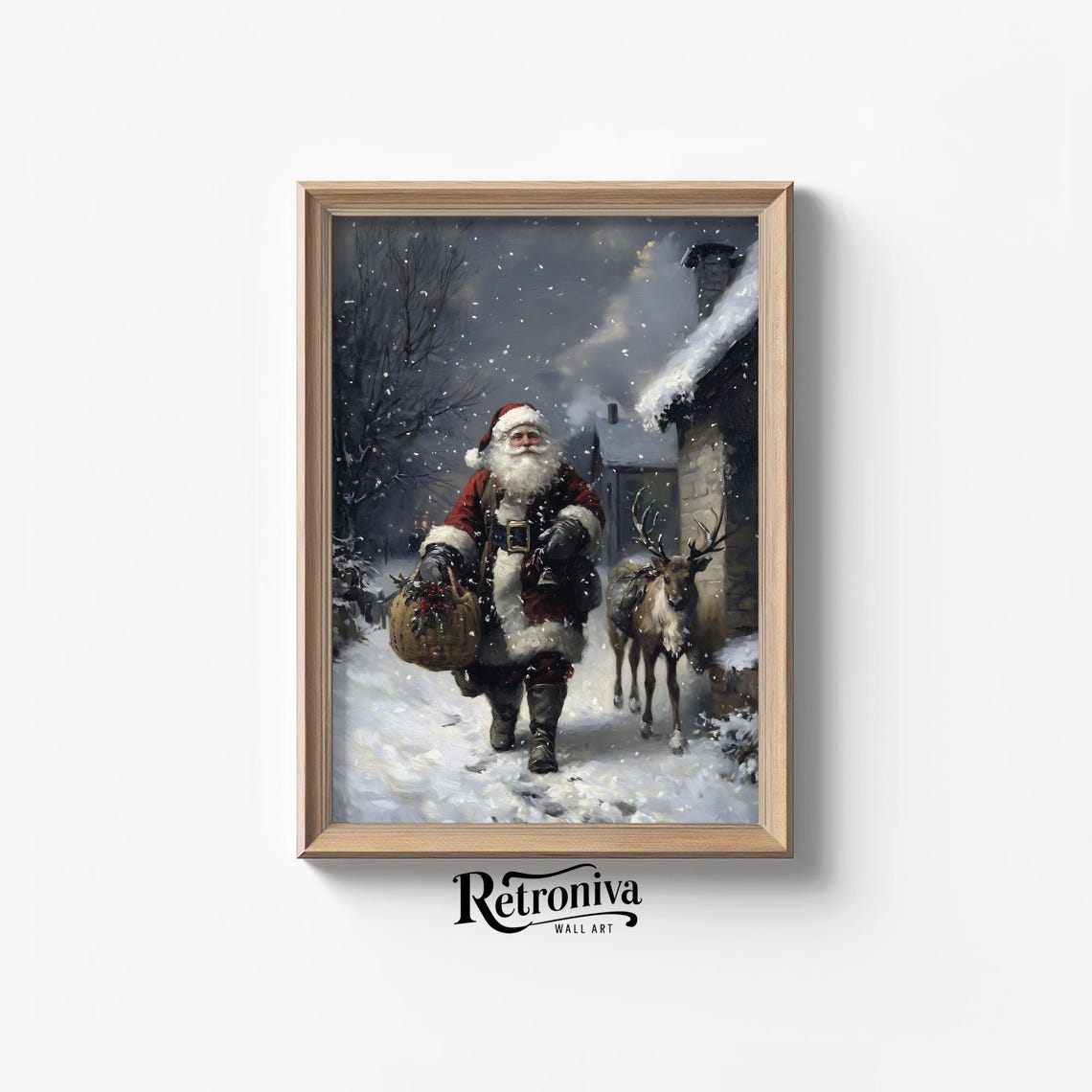 Santa Claus with Reindeer on Snowy Night Vintage Christmas Poster