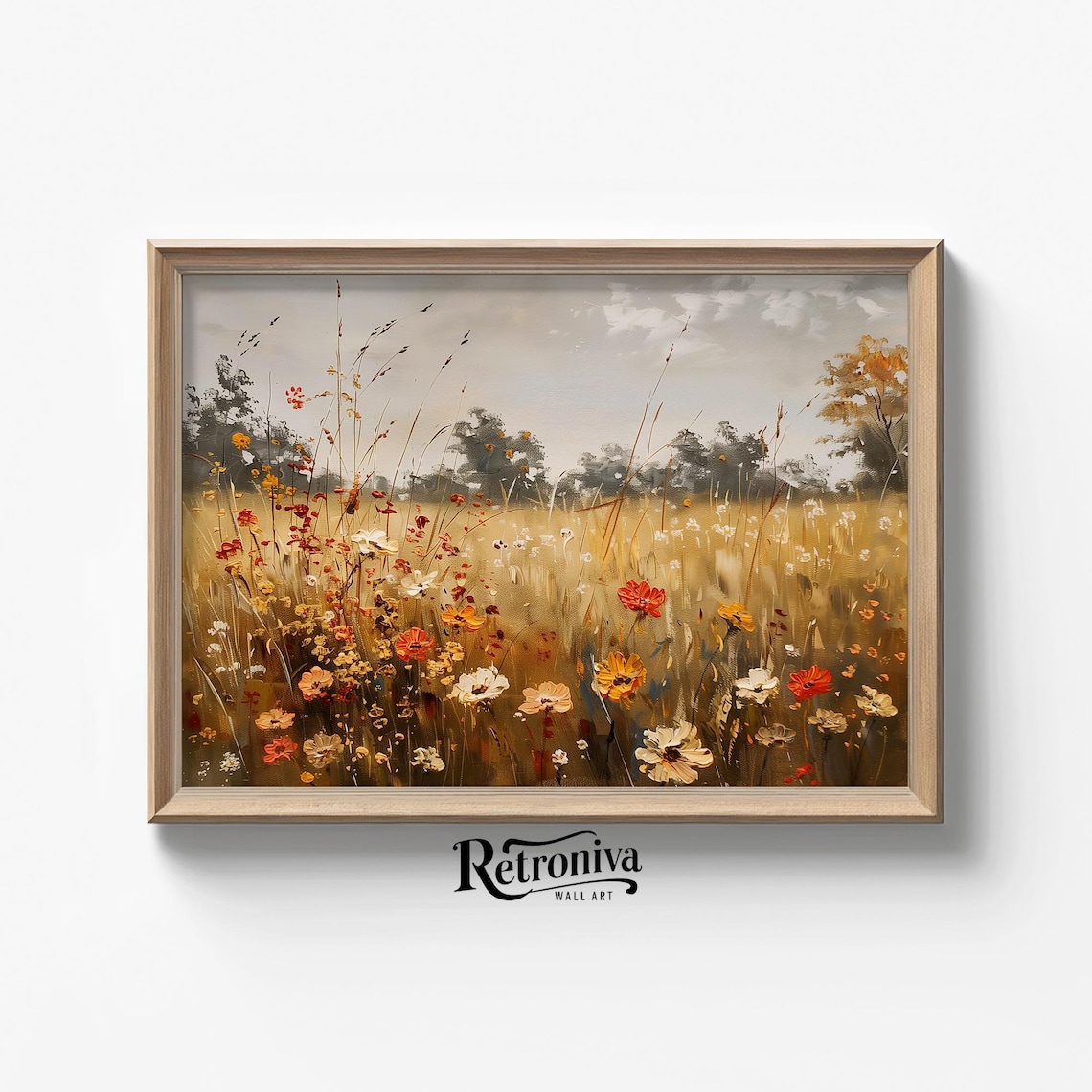 Fall Wildflower Field Oil Painting, Vintage Landscape Art Print