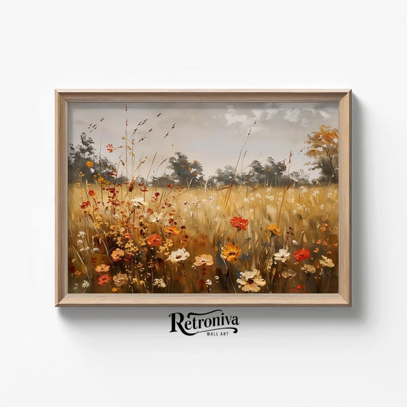 Fall Wildflower Field Oil Painting, Vintage Landscape Art Print
