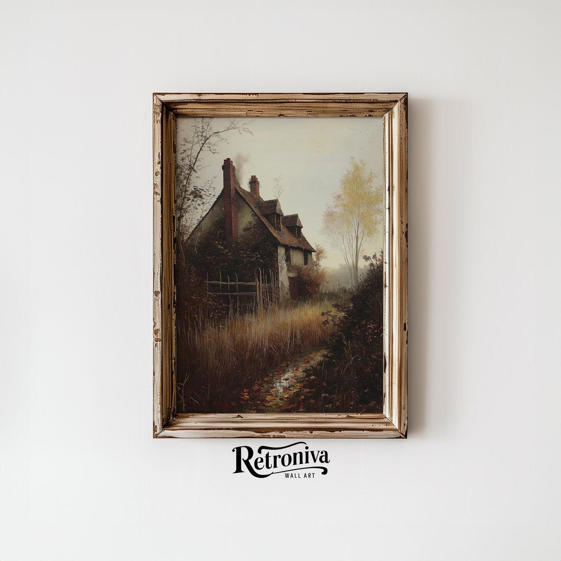 Old English Cottage in Autumn Grasses Rustic Fall Landscape Poster - Image 6