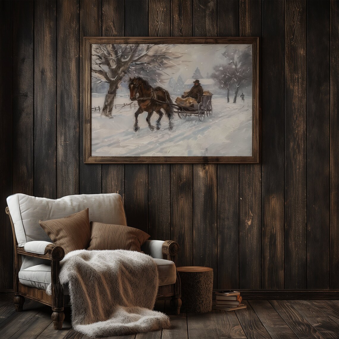 Horse Drawn Sleigh in Winter Snowstorm Vintage Country Painting Poster - Image 3