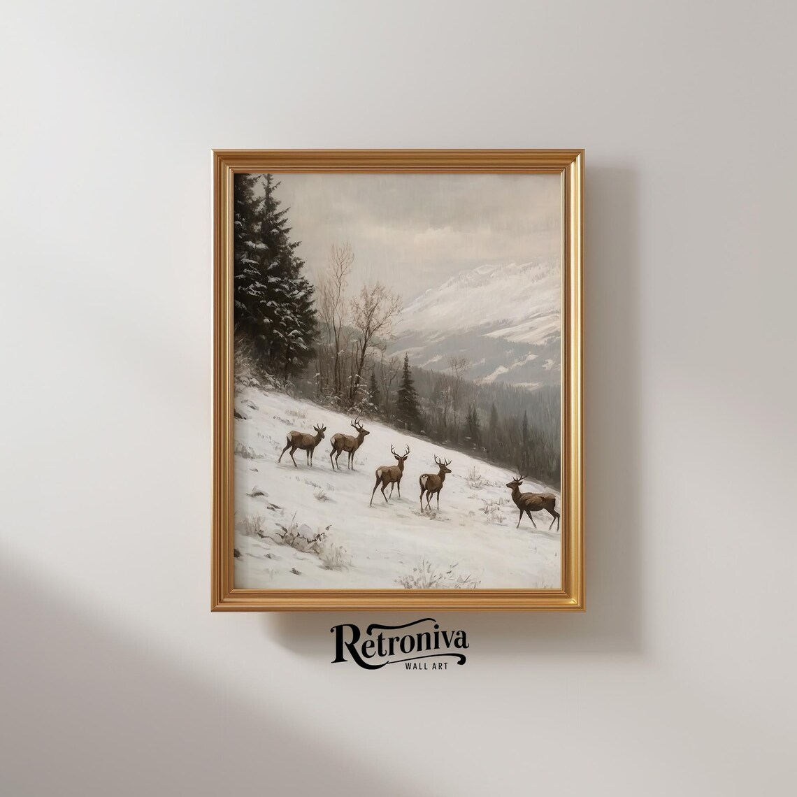 Deer Crossing Snowy Mountain Vintage Winter Wildlife Herd Poster - Image 2