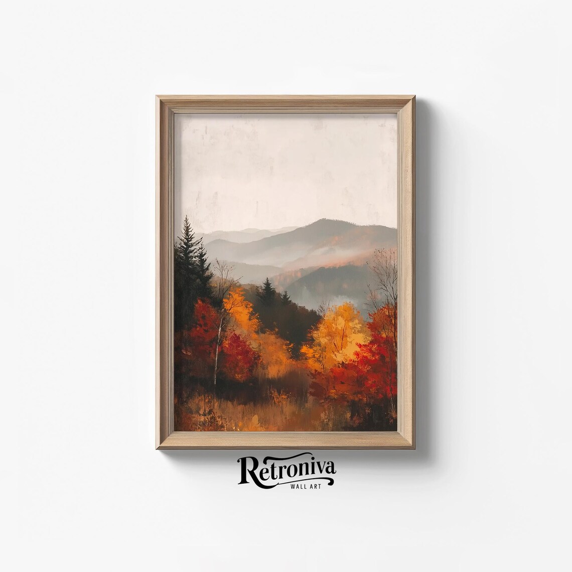 Foggy Autumn Mountain Landscape With Fiery Orange Trees Poster
