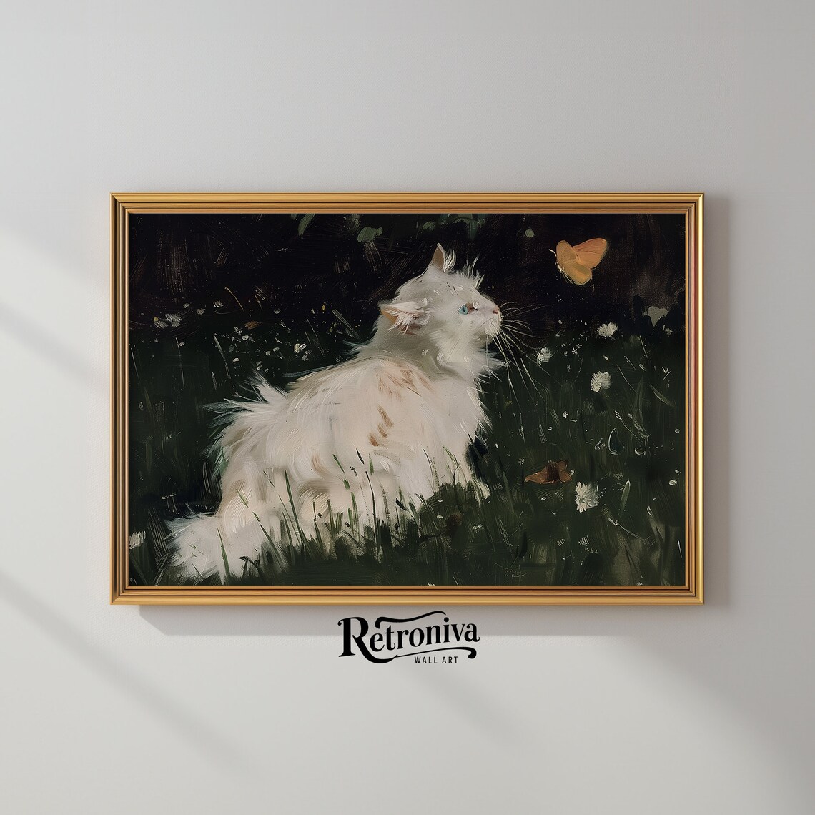 White Cat Watching Butterfly in Dark Garden Moody Feline Poster - Image 2