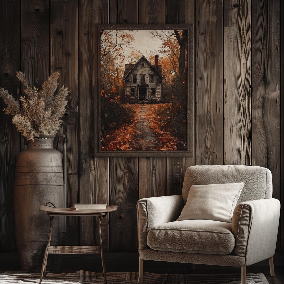 Moody Rustic Farmhouse Autumn Woods Vintage Oil Painting Poster - Image 3