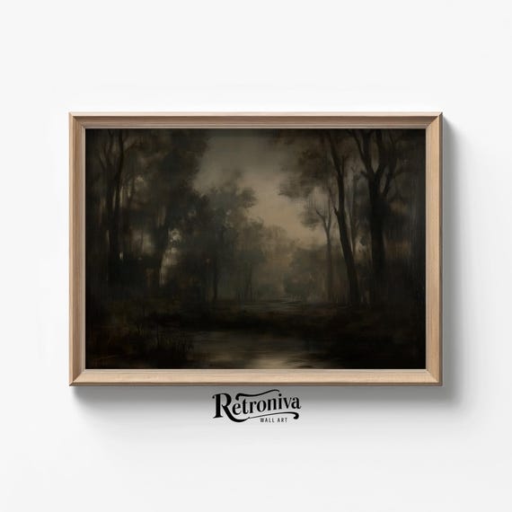 Muted Country Night Landscape Vintage Oil Painting Moody Creek Antique Wall Art Dark Academia Print Retroniva Art Ngt 003