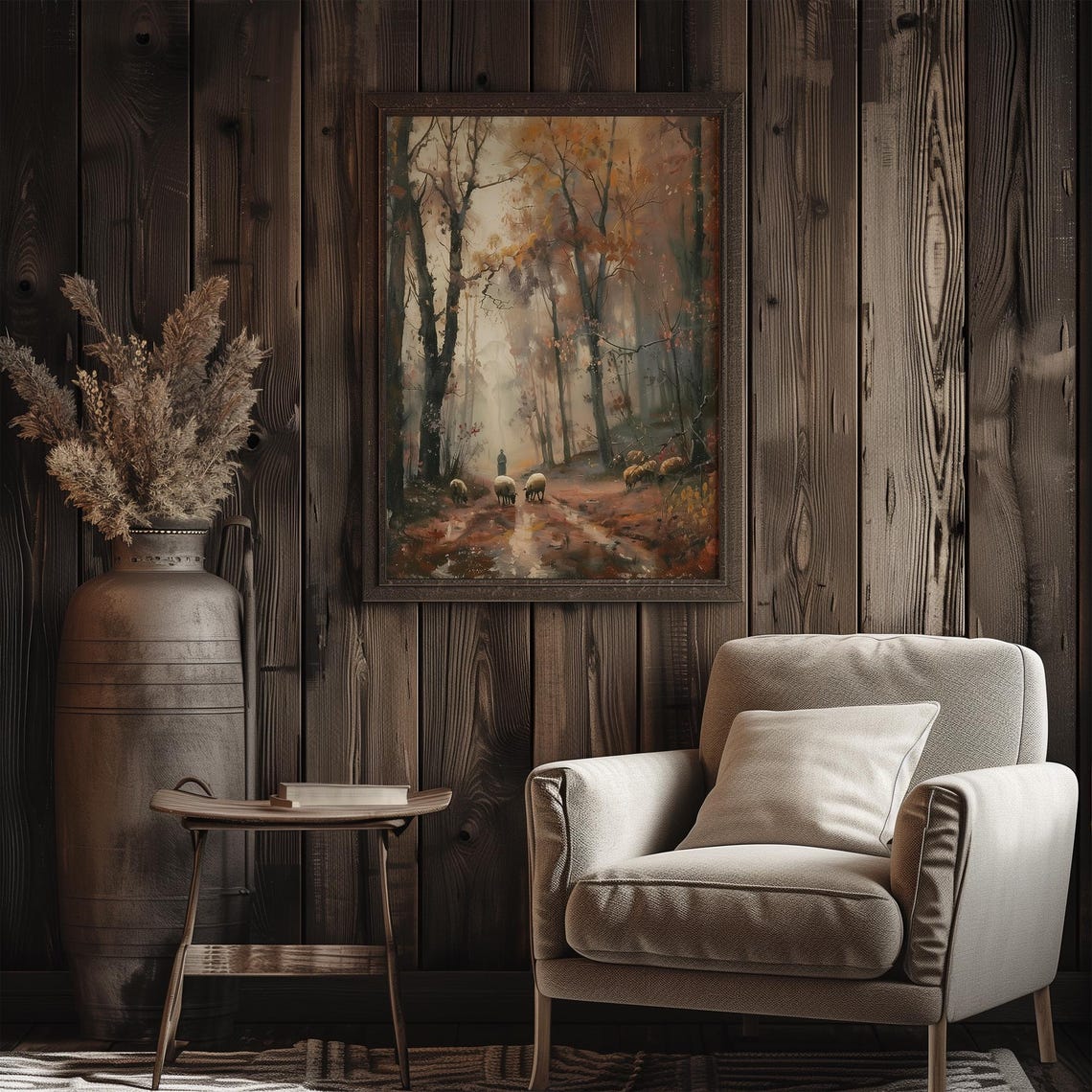 Sheep and Shepherd Vintage Autumn Forest Art Print - Image 3