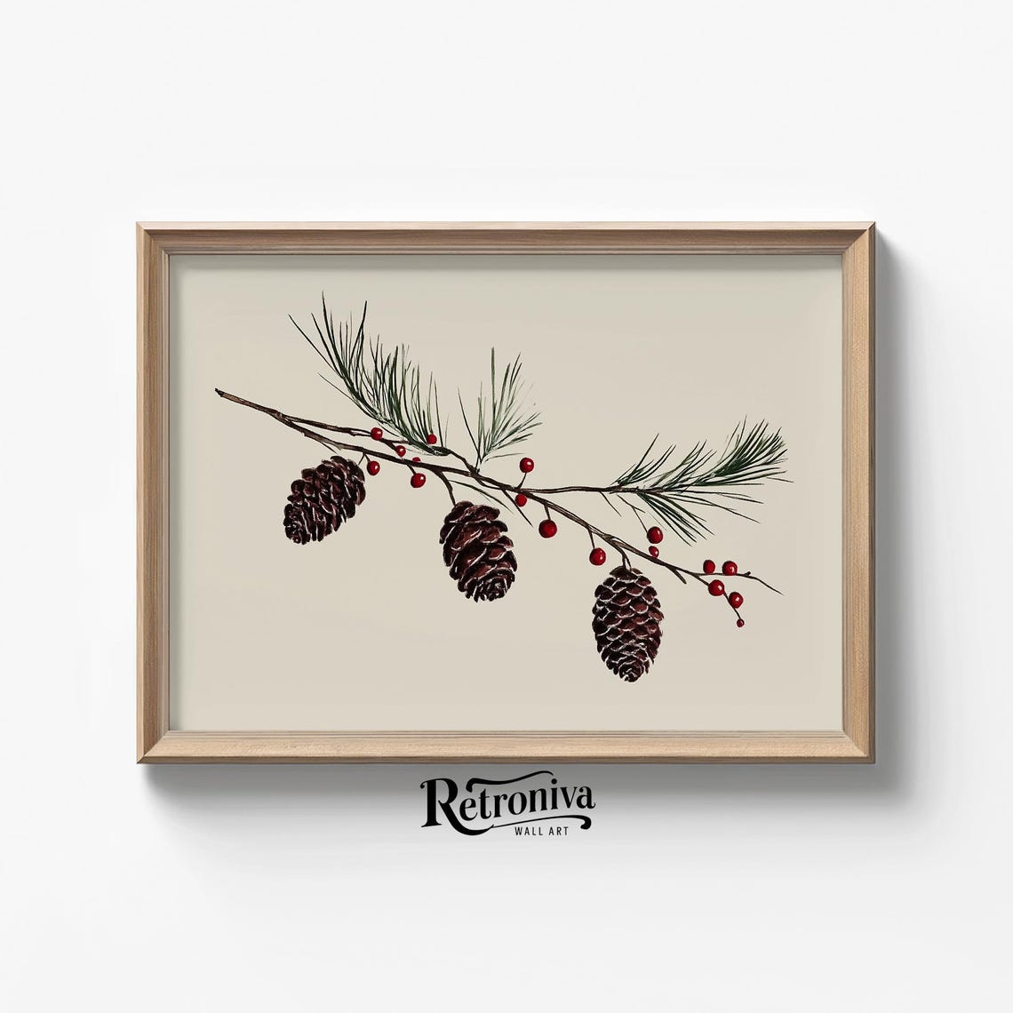 Pinecones And Red Berries Branch Vintage Winter Botanical Print