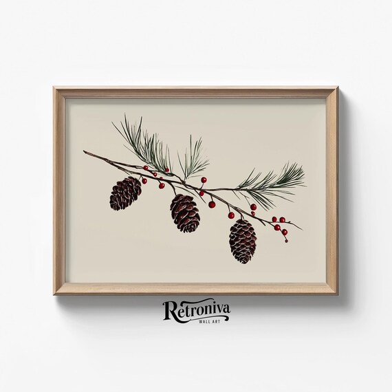 Pinecones And Red Berries Branch Vintage Winter Botanical Print