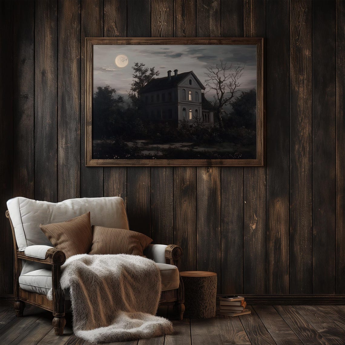 Rustic House Moonlight Full Moon Moody Night Landscape Painting Poster - Image 4