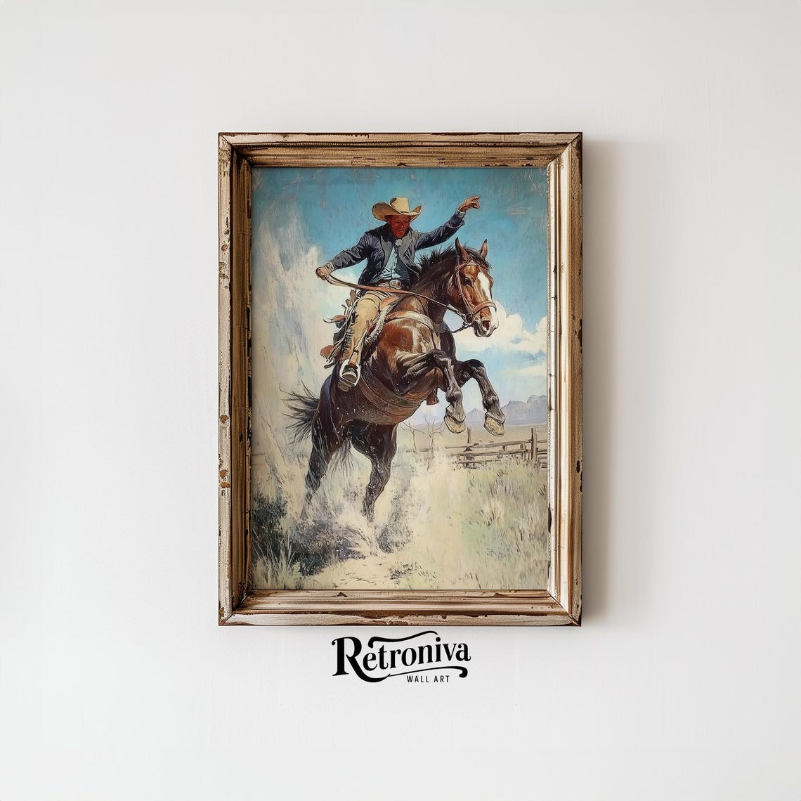 Cowboy On Bucking Horse Vintage Western Rodeo Oil Painting Poster - Image 6
