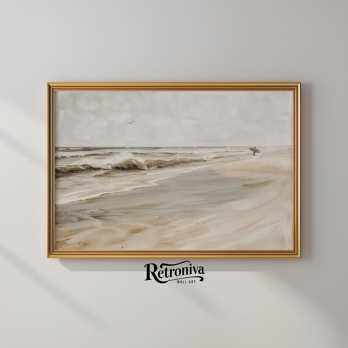 Lone Surfer On Muted Beach Gray Vintage Coastal Seascape Print - Image 2