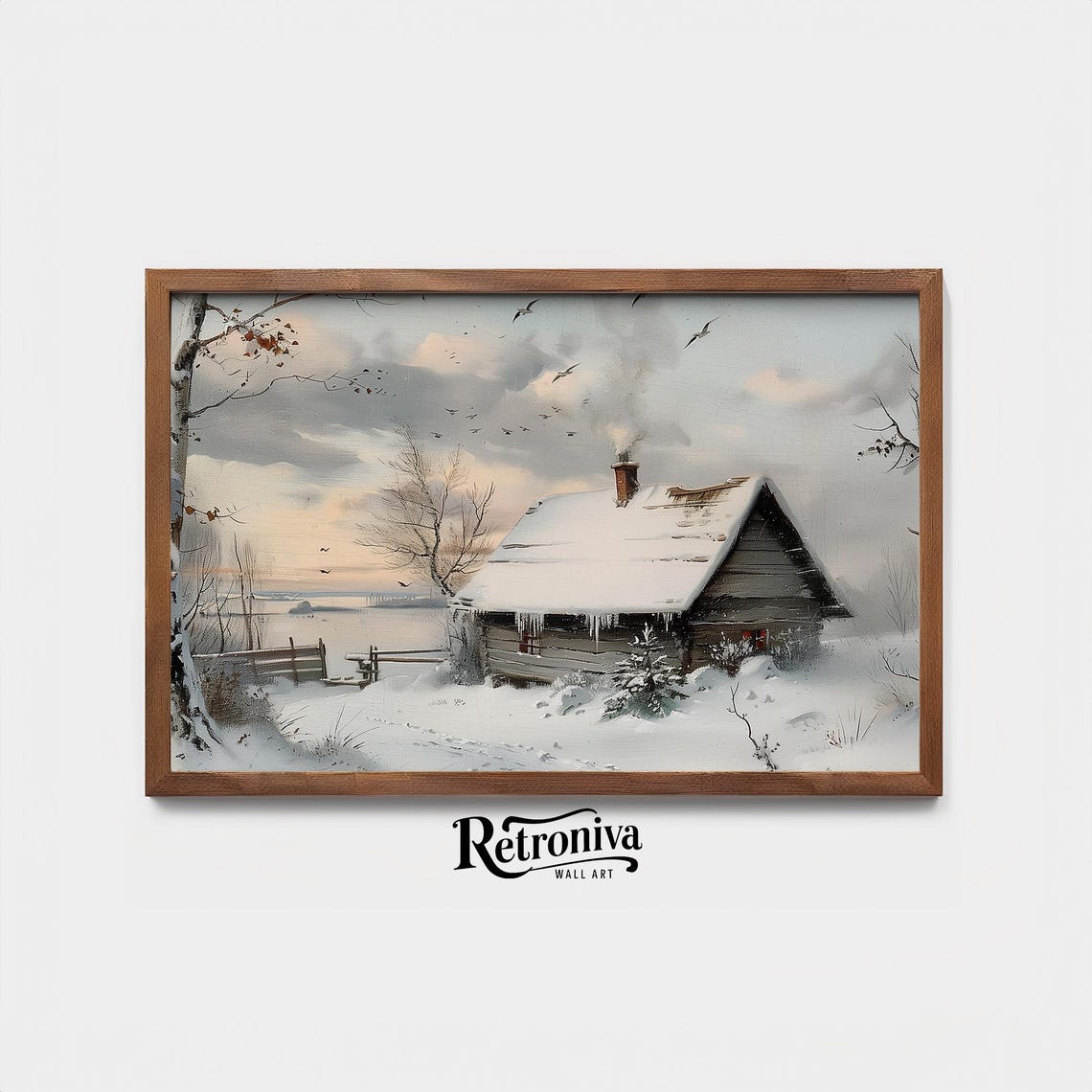 Snowy Log Cabin With Smoking Chimney By A Frozen Lake Poster - Image 4