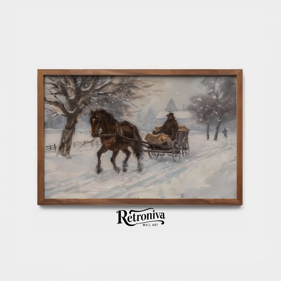 Horse Drawn Sleigh in Winter Snowstorm Vintage Country Painting Poster - Image 4
