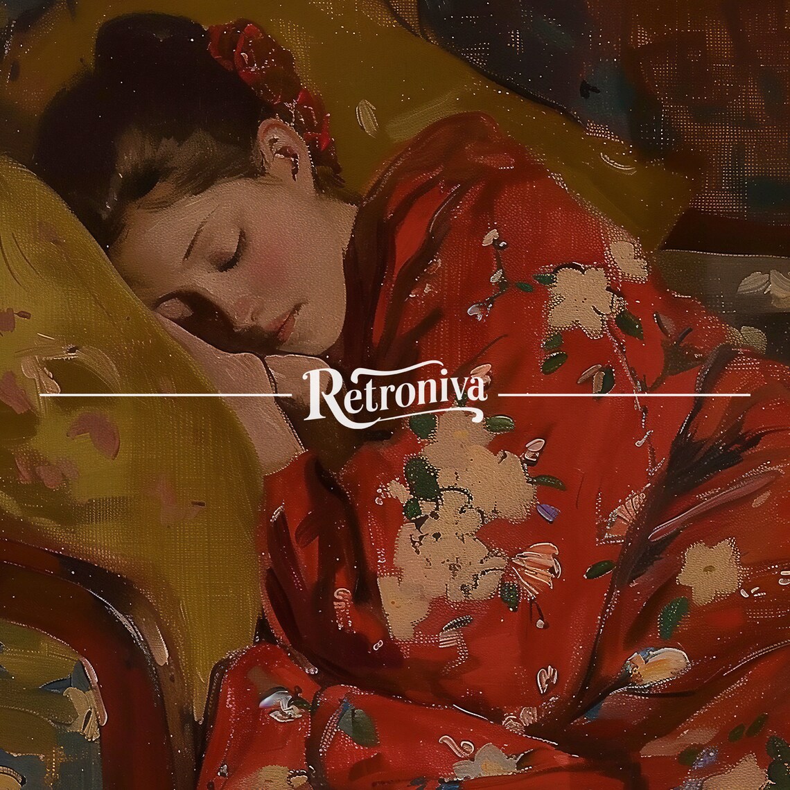 Tired Woman Sleeping Red Kimono Chaise Vintage Portrait Oil Painting Poster - Image 6
