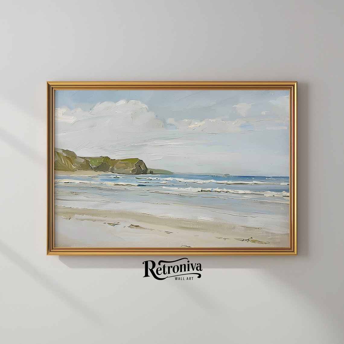 Calm Beach Waves and Distant Cliffs Soft Blue Nautical Poster - Image 2
