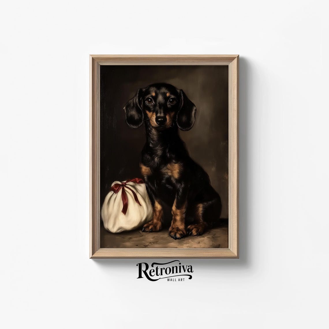 Dachshund Dog Portait And Christmas Gift Bag Vintage Animal Wall Art Animal Oil Painting Christmas Decor Retroniva Art Anm 026