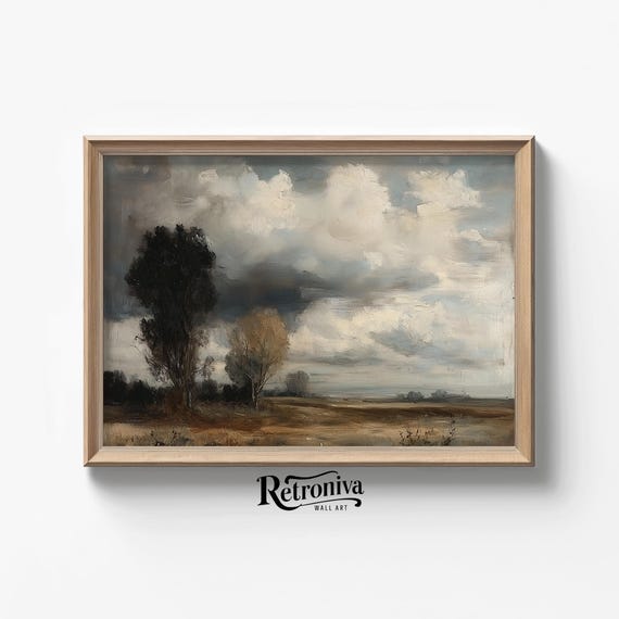 Rustic Country Landscape With Dark Clouds Vintage Oil Painting Moody Countryside Art Farmhouse Decor Retroniva Art Lnd 004