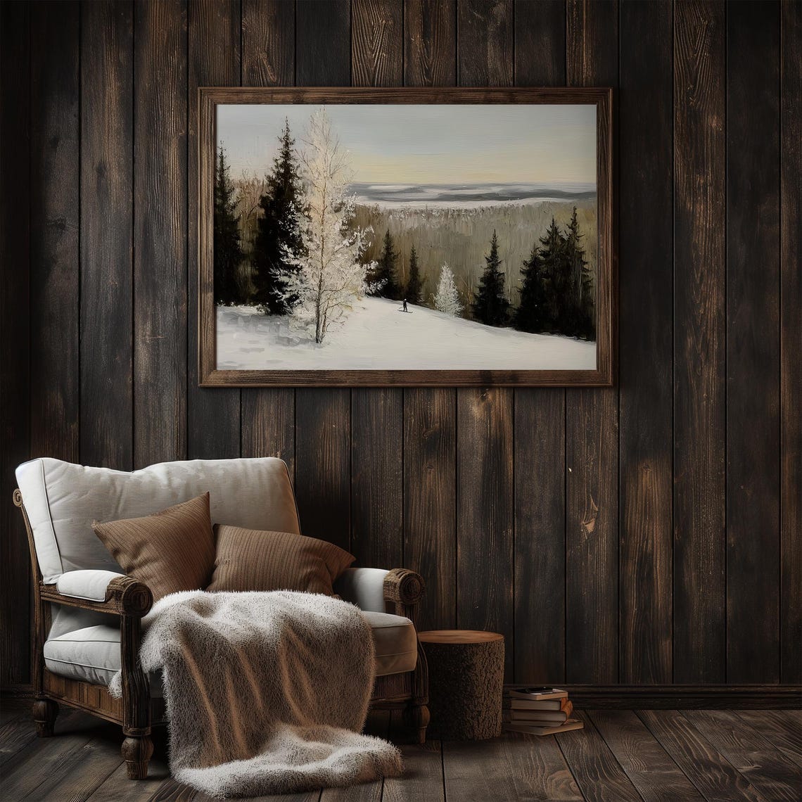 Lone Skier In A Snowy Mountain Forest At Dusk Vintage Poster - Image 3