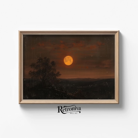 Orange Moon Landscape Vintage Oil Painting Art Print